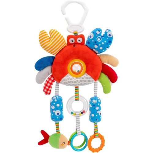 Crab Wind Chime Baby Car Seat Toy - Plush Stroller & Crib Hanging Mobile with Teether, Squeaker, Portable Clip, Colorful Clear Rings for Sensory & Cognitive Development Hanging Toys