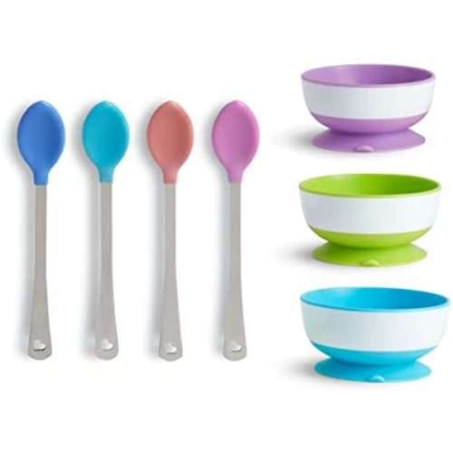 Munchkin Stay Put Suction Bowl, 3 Pack with White Hot Infant Spoons, 4 Pack