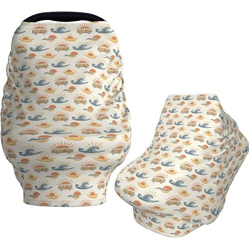 Retro 70s California Surf Vans Culture Sun Ocean Wave Sunset Baby Car Seat Canopy Nursing Cover for Breastfeeding Infant Carseat Newborn Girls Boys