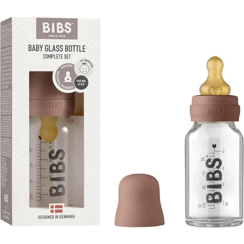 BIBS Baby Glass Bottle. Anti-Colic. Round Natural Rubber Latex Nipple. Supports Natural Breastfeeding, Complete Set - 110 ml, Woodchuck