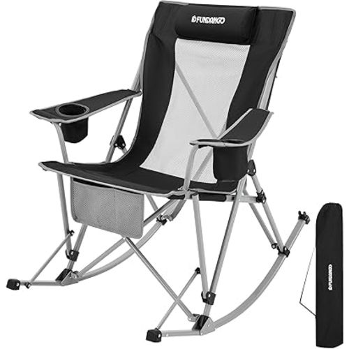 FUNDANGO Rocking Camping Chair, High Mesh Back Portable Folding Camp Chairs with Pillows, Cup Holder and Carry Bag for Lawn Patio Garden Outdoor Supports 300 Lbs (Black/Grey)