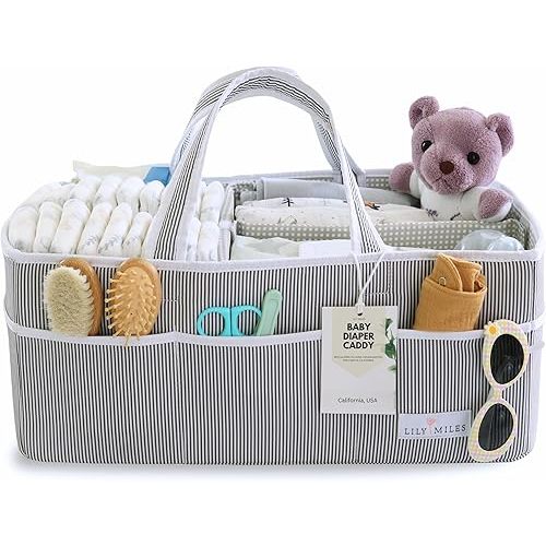 Lily Miles Baby Diaper Caddy - Organizer Tote Bag for Infant Boy or Girl - Baby Shower Basket - Nursery Must Haves - Registry Favorites - Newborn Caddie Car - Gray/Gray, Extra Large