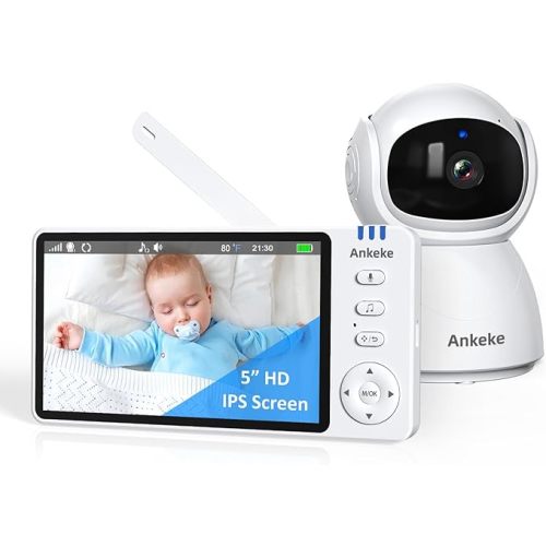 AnKeKe Baby Monitor with Camera and Audio, No WiFi Baby Monitor with 5" 720P HD Screen, 100-Hour Battery, 1000ft Long Range, 2-Way Talk, Cry and Feeding Reminder, Night Vision and 355°PTZ