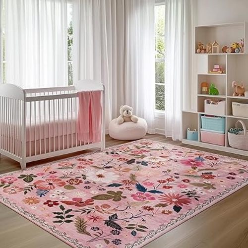 5x7 Area Rug for Nursery Girl Pink Floral Boho Cute Washable Soft Low Pile Non Slip Rugs Vintage Sound Absorbing Stain Resistant Big Carpet Rug for Bedroom Playroom Spring Living Room Dining Room