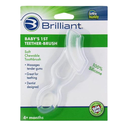 Brilliant Oral Care Baby’s First Toothbrush, Smooth Silicone Bristles Gently Clean Tender Teeth and Gums, for Ages 4+ Months, Clear, 1 Pack
