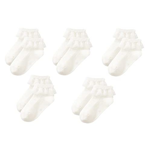Gwenvenni Toddler Girls Ruffle Lace Trim Cotton Socks Eyelet Frilly Dress Socks 5 -Pack