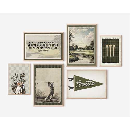 Golf Art Vintage Boys Room Set of 6 Gallery Wall Golf Poster Golfer Gift Man Cave Decor Custom Pennant Flag Print Sports Nursery Boho Decor