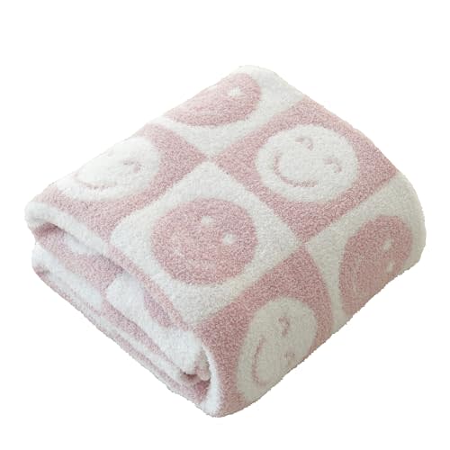 Ultra Soft Cozy Happy Smiling Face Checkered Knitted Baby Blanket - Fluffy Microfiber Checkerboard Lightweight Both Sides Blanket for Couch Sofa Bed (Smile Pink, Baby 30"x40")