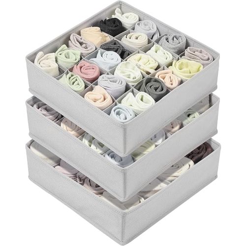Vtopmart 3 Pack 24+24+16 Cells Socks Drawer Organizers Set, 64 Cells Clothes Drawer Dividers Dresser Organizers Bins, Scarves, Ties, Non-Woven Fabric Storage Boxes for Closet, Nursery