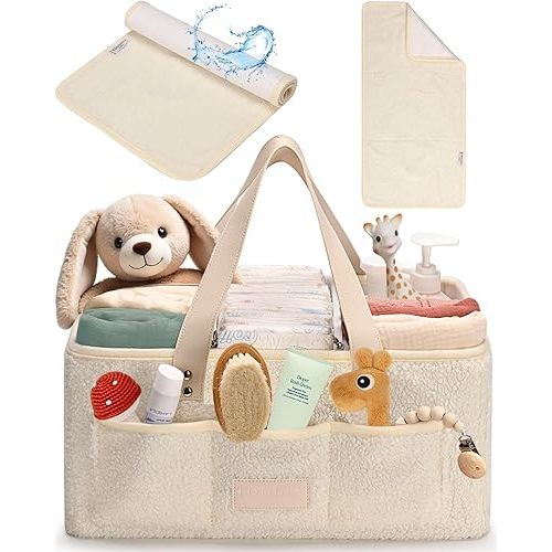 Baby Diaper Caddy Organizer with Portable Changing Mat - Teddy Fleece Diaper Organizer for Changing Table - Baby Basket for Diaper Changing Essentials - Baby Caddy Organizer with Removable Dividers