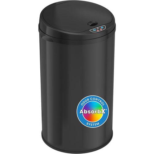 iTouchless 8 Gallon Touchless Sensor Trash Can with Odor Filter System, 30 Liter Round Black Steel Garbage Bin, Perfect for Home, Kitchen, Office