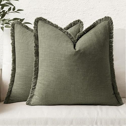 MIULEE Decorative Throw Pillow Covers Neutral Linen Fringe Throw Pillows Set of 2 Olive Green Boho Farmhouse Cushion Covers with Tassels for Couch Sofa Bed Living Room Spring Home Decor 20x20 Inch