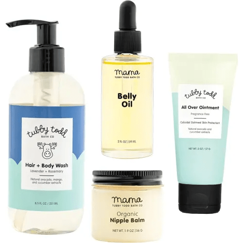Tubby Todd New Baby & Mom Sensitive Skincare Kit - The Mama + Baby Gift Set - Baby Shampoo and Body Wash 8.5 Oz, All Over Ointment 2 Oz, Belly Oil 2 Fl Oz & Nipple Balm 1.9 Oz - Lavender Rosemary