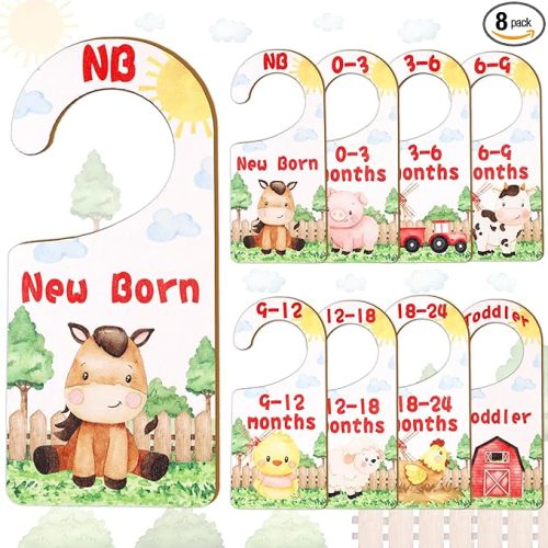 Baby Closet Dividers 8PCS, Farm Animal Theme Wooden Double-Sided Clothes Size Hanger Organizer from Newborn to Toddler for Nursery Decor Baby Shower Birthday Gift (Includes Gift Box)