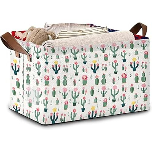 Desert Bloom Storage Basket Large 17x11.5x10.5 Inche-Collapsible Fabric Organizer Bin with Handles for Southwest Decor, Nursery, Boho Style-Decorative Hamper with Succulent & Flower-Single Pack