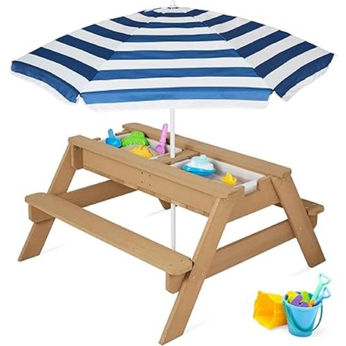 Best Choice Products Kids 3-in-1 Sand & Water Table, Wood Outdoor Convertible Picnic Table w/Umbrella, 2 Trays, Removable Top, 220lb Capacity Per Bench -Navy