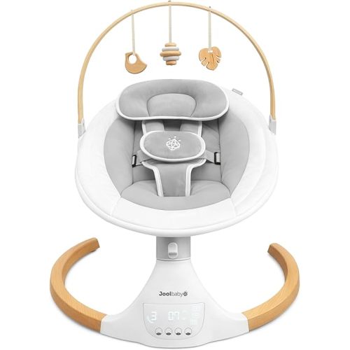 Jool Baby Nova Nature Baby Swing for Newborns with Natural Wood Toys, Electric Motorized Infant Swing, Bluetooth Music, Remote (Grey)