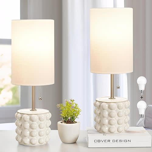 GyroVu Ceramic Table Lamp Set of 2, Small Bedside Table Lamps, Modern Pull Chain Nightstand Lamps with Fabric Shade, White Desk Lamp for Bedroom, Living Room, Home, Office, Reading, 2 Bulbs Included