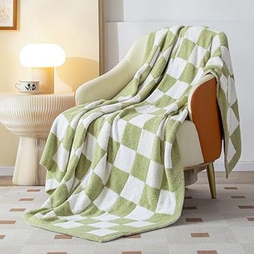 SeaRoomy Checkered Throw Blanket, Ultra Soft Cozy Reversible Checkerboard Fuzzy Blanket, Fluffy Lightweight Microfiber Knit Throw Blanket for Couch Sofa Bed Decor Gift(Sage Green, 51"×63")