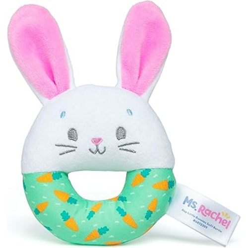 Ms. Rachel Official Hop Little Bunnies Soft Rattle Toy, Baby Teething Toys with Plush Bunny Cover, Toddler Toys for Girls & Boys for Ages 3 Months to 1+