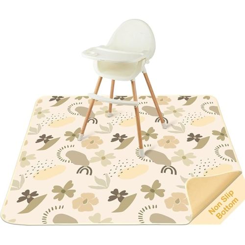 Splat Mat for Under High Chair 42 x 42 Inch Waterproof Baby Splash Mat with Non Slip Bottom Reusable Portable Highchair Mat for Floor Food Catcher for High Chair, Coffee Flowers