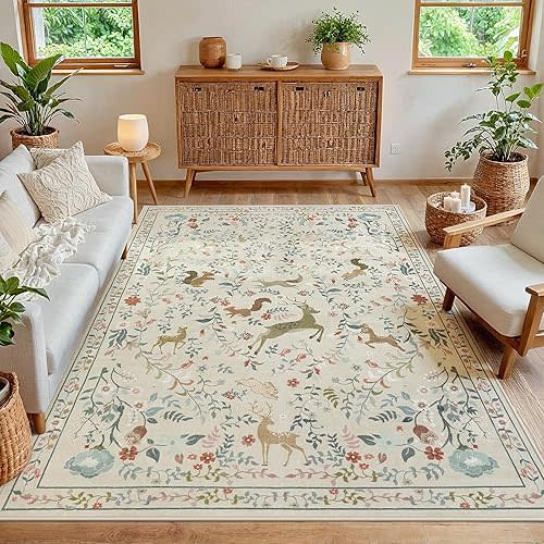5x7 Area Rugs for Living Room Floral Animal Print Carpet Washable Non-Slip Large Rug Low Pile for Indoor Bedroom Dining Room Nursery Home Office Farmhouse Kids Play Room Beige