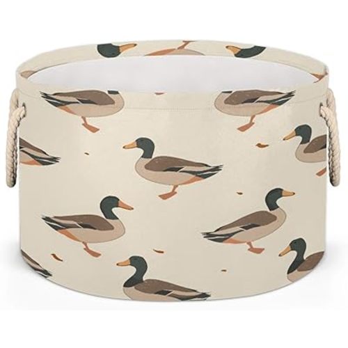 Cute Animal Mallard Duck Round Collapsible Storage Basket, Polyester Fiber & Rope Handle, Green & Brown, 19.4" x 13.3"
