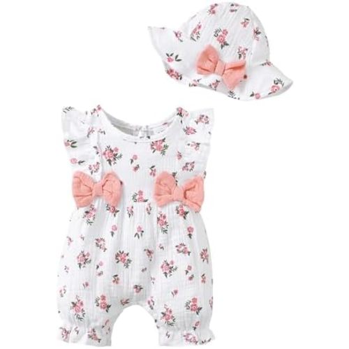SUNNY PIGGY Ropa de bebé recién nacida, trajes de verano para bebé, mameluco de una pieza, conjunto de ropa infantil y sombrero
