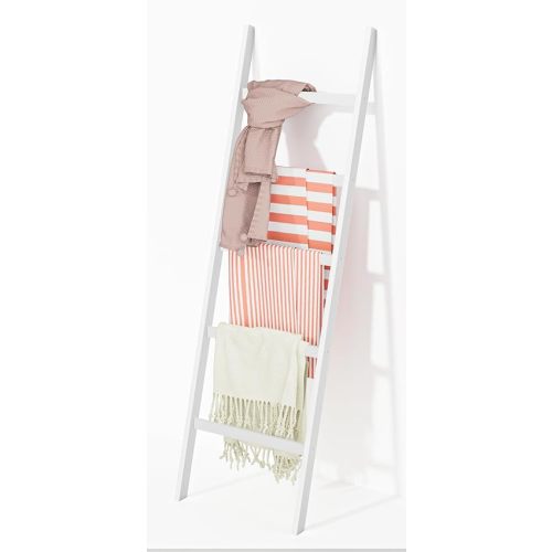 WTZ Bamboo Blanket Ladder, 5-Layer Towel Racks, Blanket Holder with Anti-Slip Construction Home Decor, Decorative Blanket, Quilt, Towel, Scarf Ladder Shelves for Livingroom, Bedroom, Bathroom, White