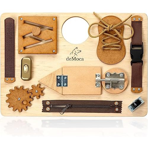 deMoca Montessori Busy Board for Toddlers, Wooden Toy with 10 Educational Activities to Develop Fine Motor Skills, Airplane & Car Travel Toy for Boys & Girls - Packaging May Vary