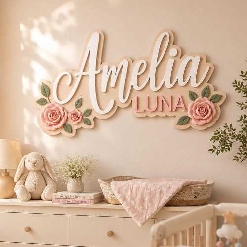Personalized Baby Name Sign, Floral Nursery Wall Decor, Custom Wooden Name Plaque, 3D Girl Room Sign, Baby Shower Gift, Boho Nursery Decor