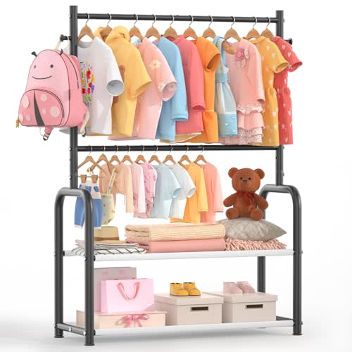 Kids Clothing Rack with 2-Layer Storage Shelf and 2 Adjustable Hanging Rods,Dress Up Rack for Hanging Clothes,Dress up Storage for Baby Toddle Kids(Classic, Black)