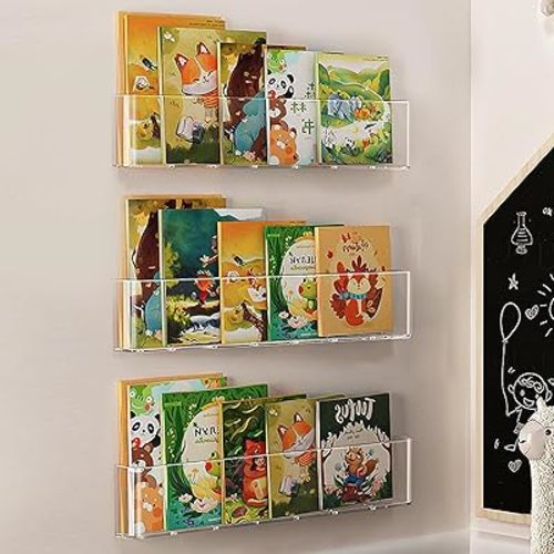 Kids Bookshelf Wall Mounted Clear Floating Bookshelf 18" Book Display Vinyl Display, Record Holder, Magazine Rack, Picture Ledge Shelf for Bedroom, Toddler Room, Nursery,Classroom