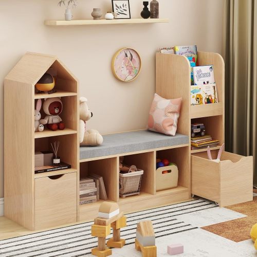 Storage Bookcases and Shelves with Reading Corners, Multi-functional Bookcases, 7 Lockers, 2 Removable Drawers, Bookcases with Cushions, for Small Rooms, Bedrooms