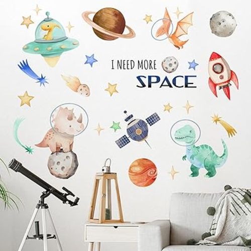 Yovkky Outer Space Baby Dinosaur Wall Decals Stickers, Dino Planet Rocket Spacecraft Galaxy Toddlers Boys Nursery Decor, I Need More Space Stars Home Decorations Kids Bedroom Playroom Art