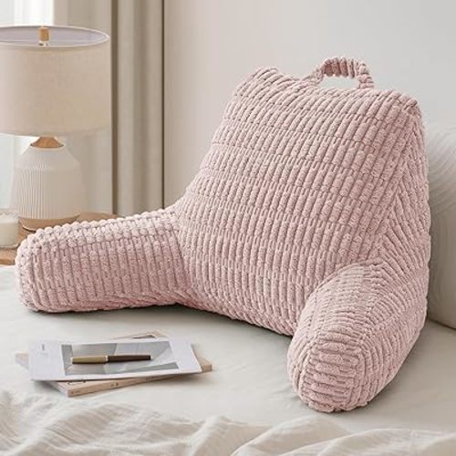 Blissful Diary Reading Pillow, Large Backrest Pillow with Shredded Memory Foam for Adult & Children, Designed for Bed and Couch Sitting Up, Includes Arms, Pockets and Washable Cover, Pale Pink
