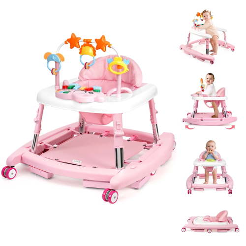 5-in-1 Foldable Toddler Walker, Music & Light Toy with Adjustable Height, Universal Wheels & Bouncer, Portable Baby Walker for 6-18 Months Girls, Pink