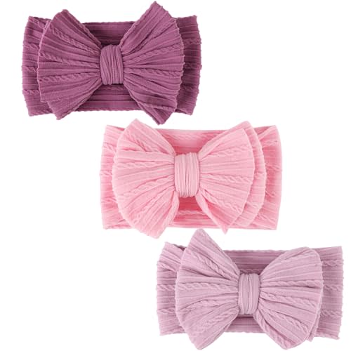 DRESHOW BQUBO Handmade Baby Headbands Soft & Stretchy Hair Bands with Bows Nylon Bows Hairbands for Girls Newborn Infant Toddlers Hair Accessories 3 pack