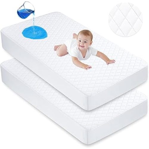 Waterproof Crib Mattress Protector 2 Pack, Crib Mattress Cover Fitted for Baby Bed, Ultra Soft&Washable Toddler Mattress Protector, White-Diamond 52"x28"