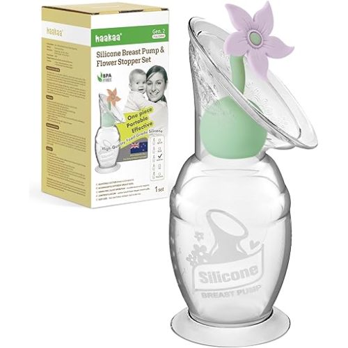 haakaa Manual Breast Pump with Flower Stopper Set, Gen.2 Silicone Hand Pump with Suction Base, BPA Free (5oz/150ml, Lavender)