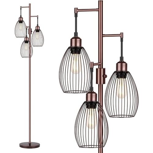 Dimmable Floor Lamp, 3 x 800LM LED Edison Bulbs Included, Farmhouse Industrial Floor Lamp Standing Lamp with Elegant Teardrop Cage Head Tall Lamp for Living Room Bedroom Office Dining Room - Brown