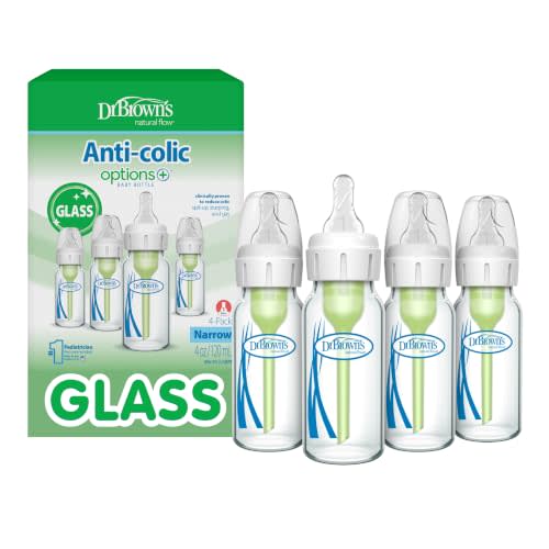Dr. Brown's Anti-Colic Options+ Narrow Glass Baby Bottle with Level 1 Slow Flow Nipple, BPA-Free, 4 oz/120mL, 4-Pack