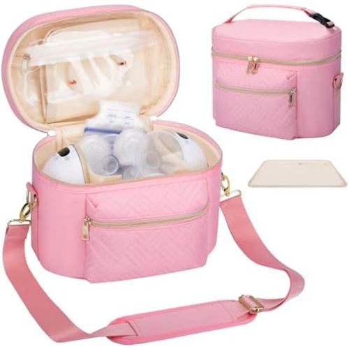 Wearable Breast Pump Bag Compatible with Willow/Elvie/Medela/Momcozy, Portable Pumps Carrying Case for Nursing & Working Moms, Pumping Bag with Mat & Shoulder Strap, Pink