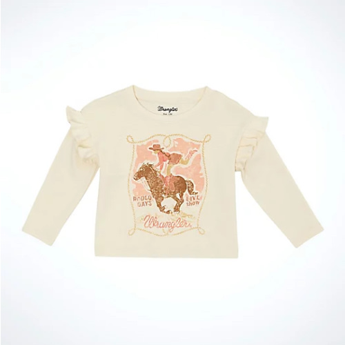 Little Girl's Long Sleeve Ruffle Shoulder Graphic Tee