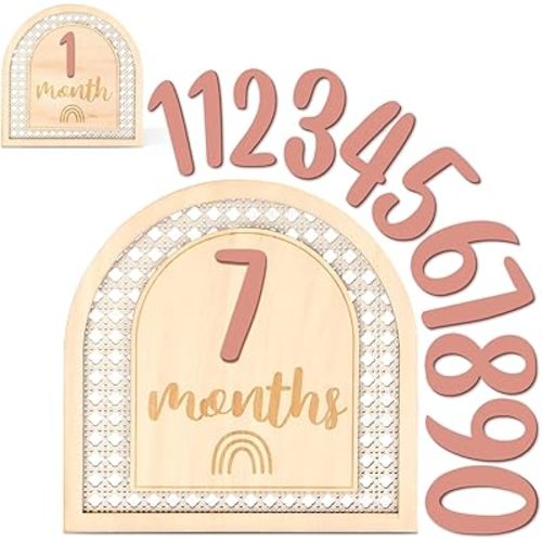 Huray Rayho Boho Rattan Monthly Photo Props Cards Wooden Bohemian Blocks Rainbow Interchangeable Photo Props with 11 Swappable Numbers Set of 12 for Baby Growth Record Baby Shower Plaques