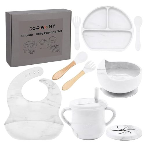 9pc BPA Free Silicone Baby Feeding Set - White: Suction Bowl, Divided Plate, Sippy Cup, Bib, Spoons, Forks - Baby Eating Utensils