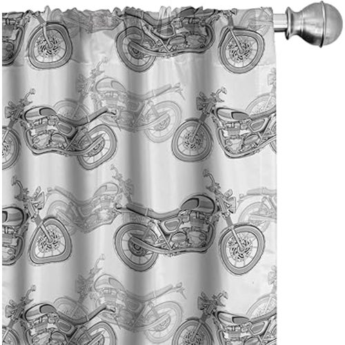Ambesonne Motorcycle Window Curtains, Realistic Grayscale Illustration of Classic Motorcycles Many Details, Lightweight Decor 2-Panel Set with Rod Pocket, Pair of - 28" x 84", Grey White