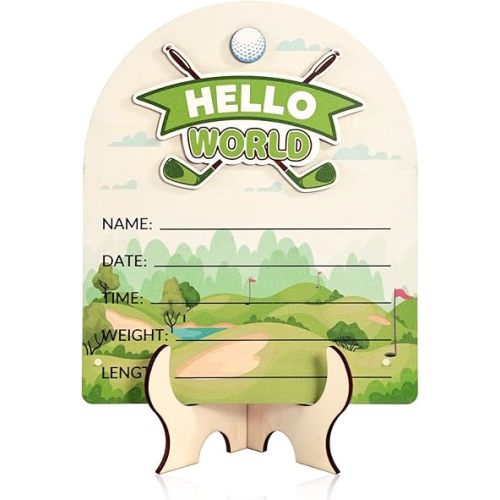 Hello World Newborn Sign, Wooden Baby Birth Announcement Sign with Pen for Boys Girls New Baby Name Plaque Newborn Birth Information Board for Photo Prop Nursery Hospital Decorations (Golf Theme)