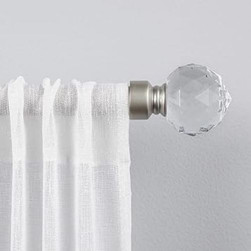 Exclusive Home Crystal Ball 1" Curtain Rod and Coordinating Finial Set, Matte Silver, Adjustable 66"-120"