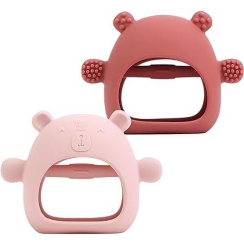 2 Pack Silicone Baby Teether Toy for Infants 3+ Months, Anti-Drop Silicone Baby Mitten Teether for Soothing Teething Pain Relief, Baby Chew Toys for Sucking Needs, BPA Free(Dark Pink, Red)